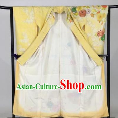 Ancient Japanese Geisha Yellow Furisode Kimonos Traditional Female Yukata Dress Formal Costume for Women