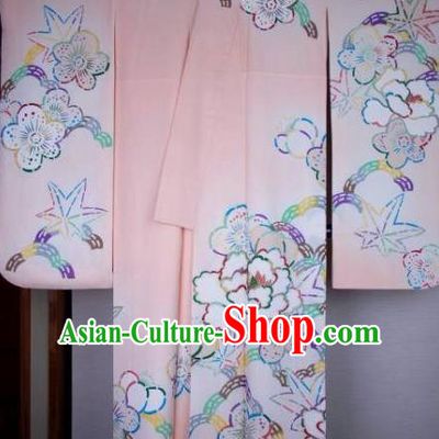 Ancient Japanese Geisha Furisode Kimonos Traditional Female Pink Yukata Dress Formal Costume for Women