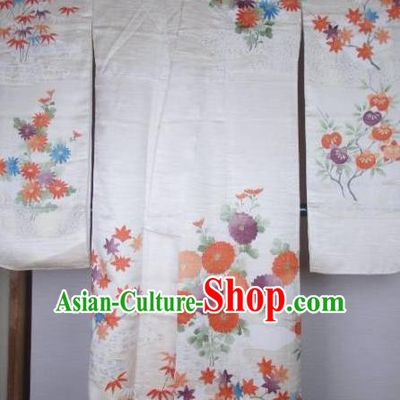 Ancient Japanese Geisha White Silk Furisode Kimonos Traditional Female Yukata Dress Formal Costume for Women