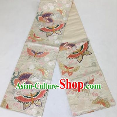 Japanese Traditional Brocade Embroidered Butterfly Waistband Kimono Yukata White Belts for Women