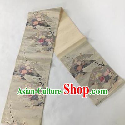Japanese Traditional Kimono Yukata Dress Embroidered Light Grey Belts Courtesan Brocade Waistband for Women