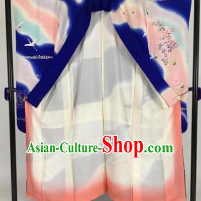 Ancient Japanese Geisha Furisode Kimonos Traditional Female Blue Yukata Dress Formal Costume for Women