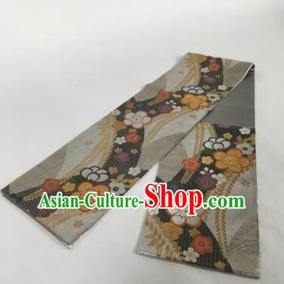 Japanese Traditional Brocade Embroidered Waistband Kimono Yukata Grey Belts for Women