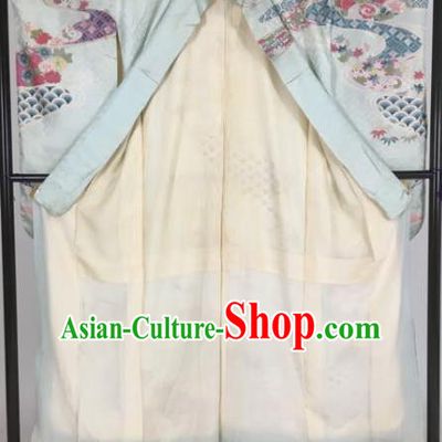 Ancient Japanese Geisha Printing Furisode Kimonos Traditional Female Blue Yukata Dress Formal Costume for Women