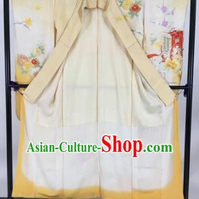 Ancient Japanese Geisha Printing Flowers Furisode Kimonos Traditional Female Yellow Yukata Dress Formal Costume for Women