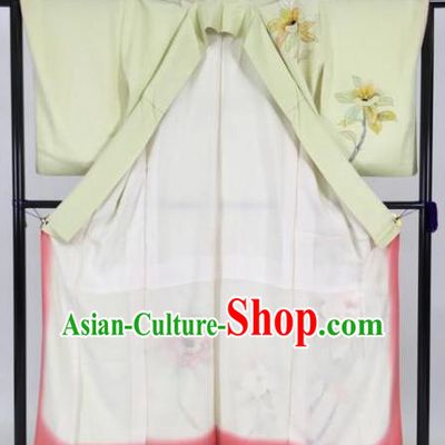 Japan Traditional Kimonos Geisha Light Green Furisode Kimono Ancient Yukata Dress Formal Costume for Women