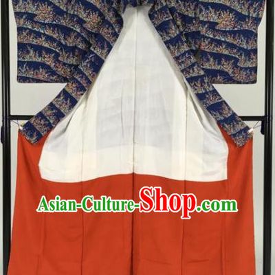 Japan Traditional Kimonos Geisha Deep Blue Furisode Kimono Ancient Yukata Dress Formal Costume for Women