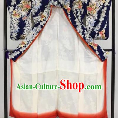 Japan Traditional Printing Navy Kimonos Furisode Kimono Ancient Yukata Dress Formal Costume for Women