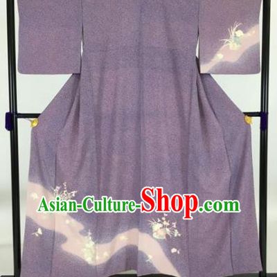 Japan Traditional Printing Kimonos Purple Furisode Kimono Ancient Yukata Dress Formal Costume for Women