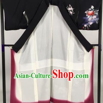 Japan Traditional Printing Kimonos Black Furisode Kimono Ancient Yukata Dress Formal Costume for Women
