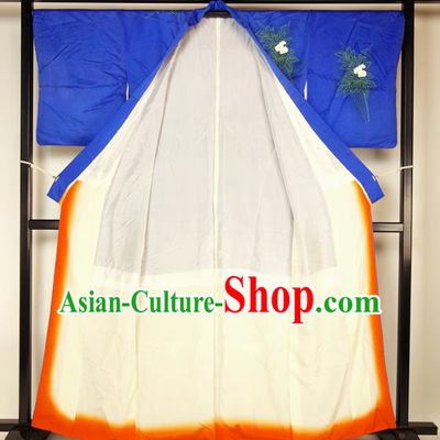 Ancient Japan Blue Furisode Kimonos Traditional Female Yukata Dress Formal Costume for Women