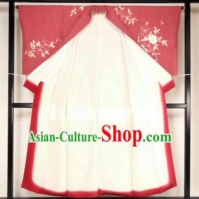 Ancient Japanese Red Furisode Kimonos Traditional Female Yukata Dress Formal Costume for Women