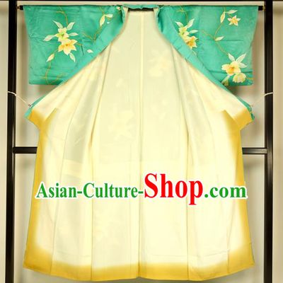 Ancient Japanese Green Furisode Kimonos Traditional Female Yukata Dress Formal Costume for Women