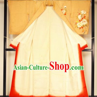 Ancient Japanese Yellow Furisode Kimonos Traditional Female Yukata Dress Formal Costume for Women