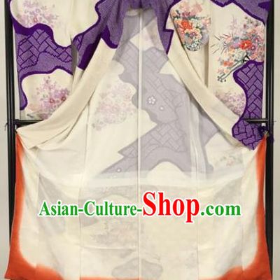 Ancient Japanese Geisha Purple Furisode Kimonos Traditional Female Yukata Dress Formal Costume for Women