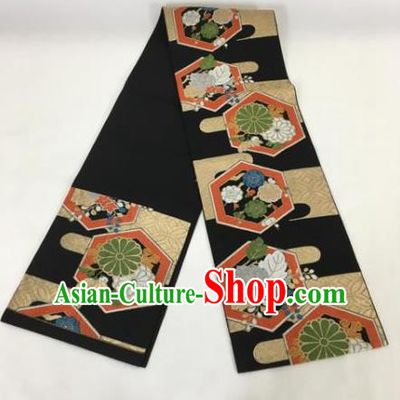 Japan Ancient Geisha Kimonos Black Belt Embroidered Belts Traditional Yukata Waistband for Women