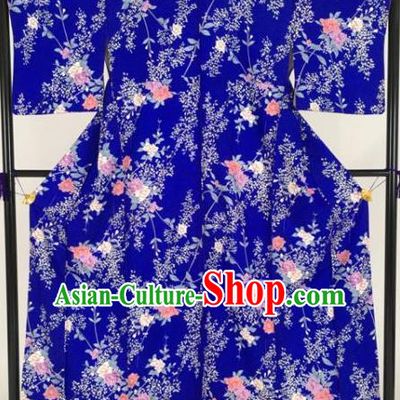 Japan Traditional Kimonos Printing Flowers Blue Furisode Kimono Ancient Yukata Dress Formal Costume for Women