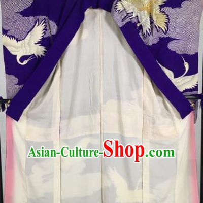 Ancient Japanese Geisha Royalblue Furisode Kimonos Traditional Female Yukata Dress Formal Costume for Women