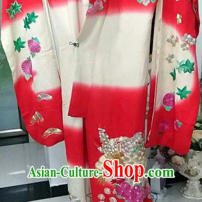 Ancient Japanese Geisha Red Furisode Kimonos Traditional Wedding Yukata Dress Formal Costume for Women