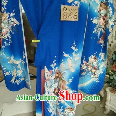 Ancient Japanese Palace Blue Furisode Kimonos Traditional Printing Flowers Yukata Dress Formal Costume for Women