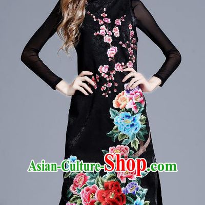 Chinese National Costume Black Cheongsam Embroidered Peony Qipao Dress for Women