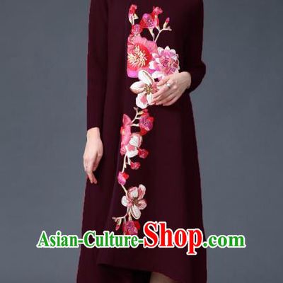 Chinese National Costume Embroidered Peony Wine Red Cheongsam Qipao Dress for Women