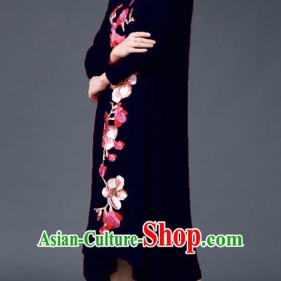Chinese National Costume Embroidered Peony Navy Cheongsam Qipao Dress for Women
