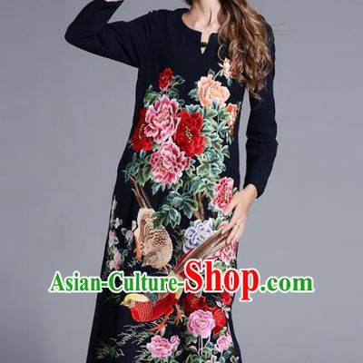 Chinese National Costume Orphrey Embroidered Navy Cheongsam Qipao Dress for Women