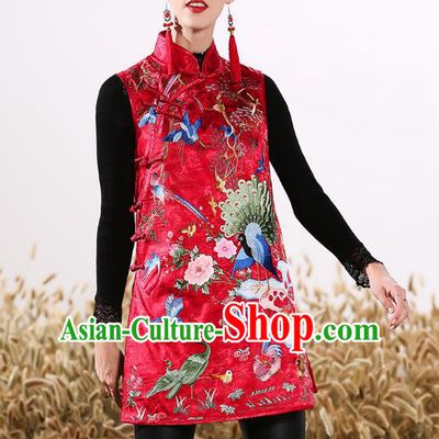 Chinese National Costume Traditional Embroidered Red Vests Waistcoat for Women