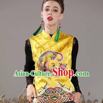Chinese National Costume Traditional Embroidered Phoenix Peony Yellow Vests Waistcoat for Women