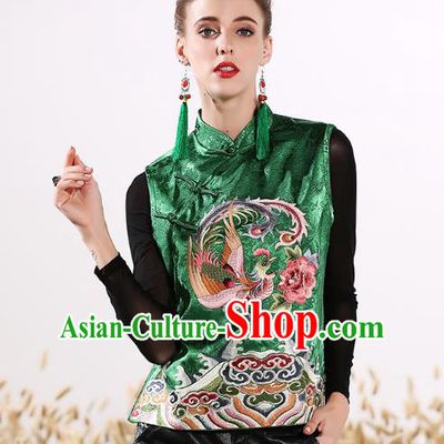 Chinese National Costume Traditional Embroidered Phoenix Peony Green Vests Waistcoat for Women
