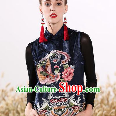 Chinese National Costume Traditional Embroidered Phoenix Peony Navy Vests Waistcoat for Women