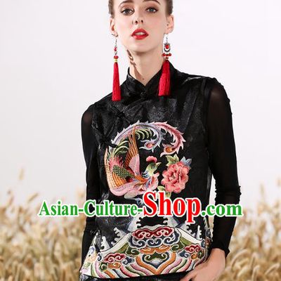 Chinese National Costume Traditional Embroidered Phoenix Peony Navy Vests Waistcoat for Women
