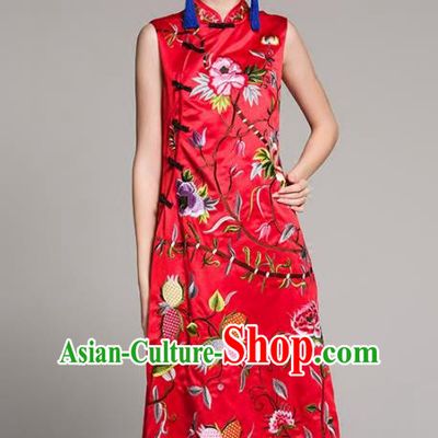 Chinese National Costume Embroidered Red Qipao Dress Sleeveless Cheongsam for Women