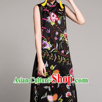 Chinese National Costume Embroidered Black Qipao Dress Sleeveless Cheongsam for Women