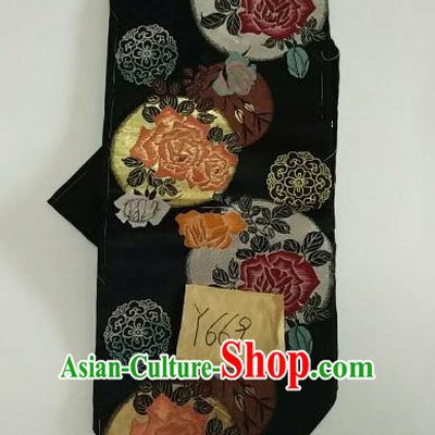 Japanese Traditional Embroidered Brocade Waistband Kimono Yukata Dress Black Belts for Women