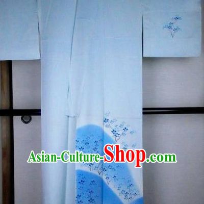 Ancient Japanese Palace Printing Blue Furisode Kimonos Traditional Yukata Dress Formal Costume for Women