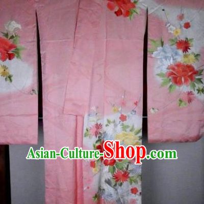 Ancient Japanese Palace Printing Pink Furisode Kimonos Traditional Yukata Dress Formal Costume for Women
