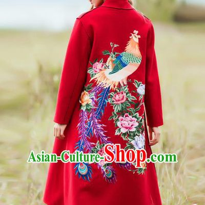 Chinese National Costume Wool Red Coats Traditional Embroidered Dust Coats for Women