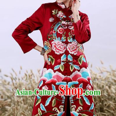 Chinese National Costume Embroidered Red Qipao Dress Silk Cheongsam for Women