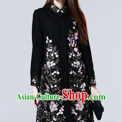 Chinese National Costume Black Wool Coats Traditional Embroidered Dust Coats for Women