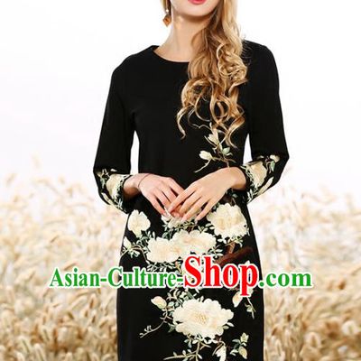 Chinese National Costume Embroidered Flowers Black Qipao Dress Cheongsam for Women