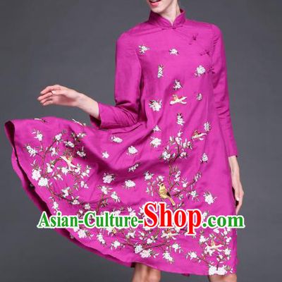 Chinese National Costume Embroidered Flowers Birds Rosy Qipao Dress Cheongsam for Women