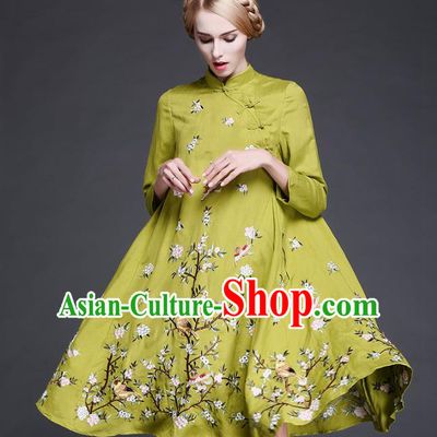 Chinese National Costume Embroidered Flowers Birds Green Qipao Dress Cheongsam for Women