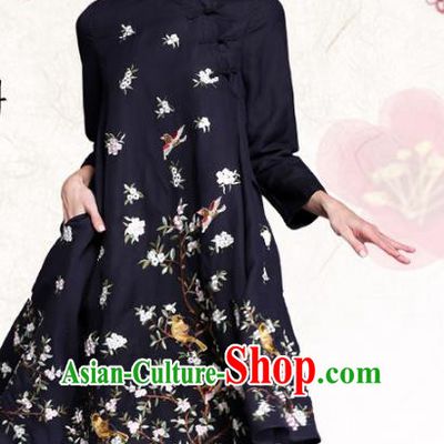 Chinese National Costume Embroidered Flowers Birds Navy Qipao Dress Cheongsam for Women