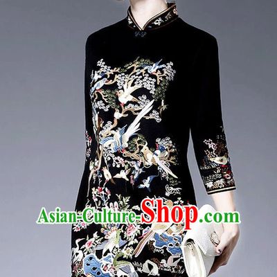 Chinese National Costume Embroidered Black Qipao Dress Stand Collar Cheongsam for Women