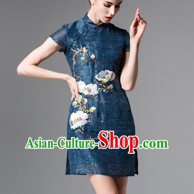 Chinese National Costume Embroidered Peacock Blue Qipao Dress Stand Collar Cheongsam for Women