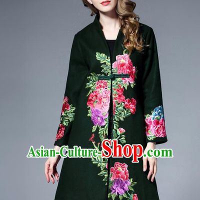 Chinese National Costume Green Wool Coats Traditional Embroidered Peony Dust Coats for Women