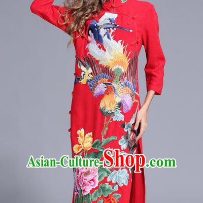 Chinese National Costume Stand Collar Red Cheongsam Embroidered Peony Qipao Dress for Women