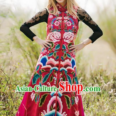 Chinese National Costume Traditional Embroidered Peony Red Vest Coat for Women